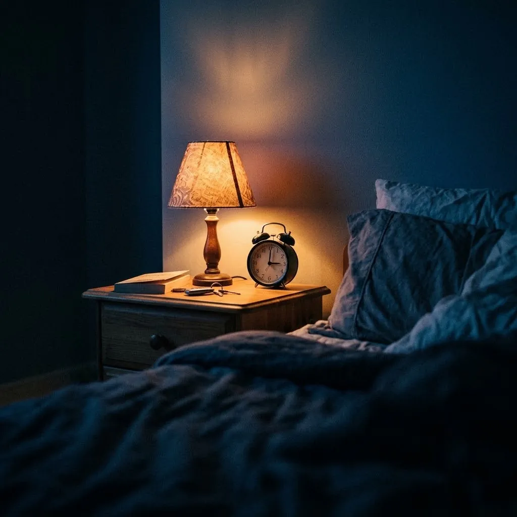 Nocna szafka z zapaloną lampką i budzikiem